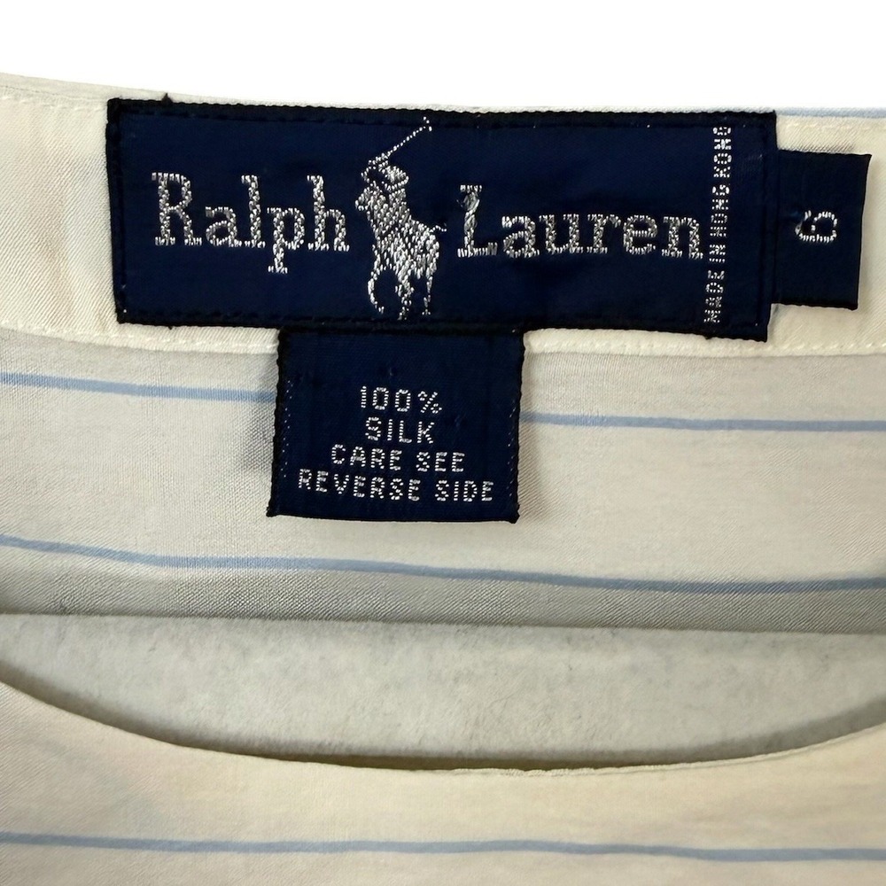 Ralph Lauren Womens Silk Top 6 Ivory Pinstripe Striped Nautical Coastal‎ - Picture 6 of 7